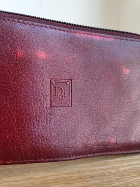 Vintage Dior Burgundy Leather Zip Wristlet Clutch Pouch with Embossed Logo